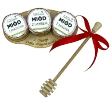 Dzień Nauczyciela Zestaw 3 miodków smakowych na podstawce z łyżką PREZENT. 73097