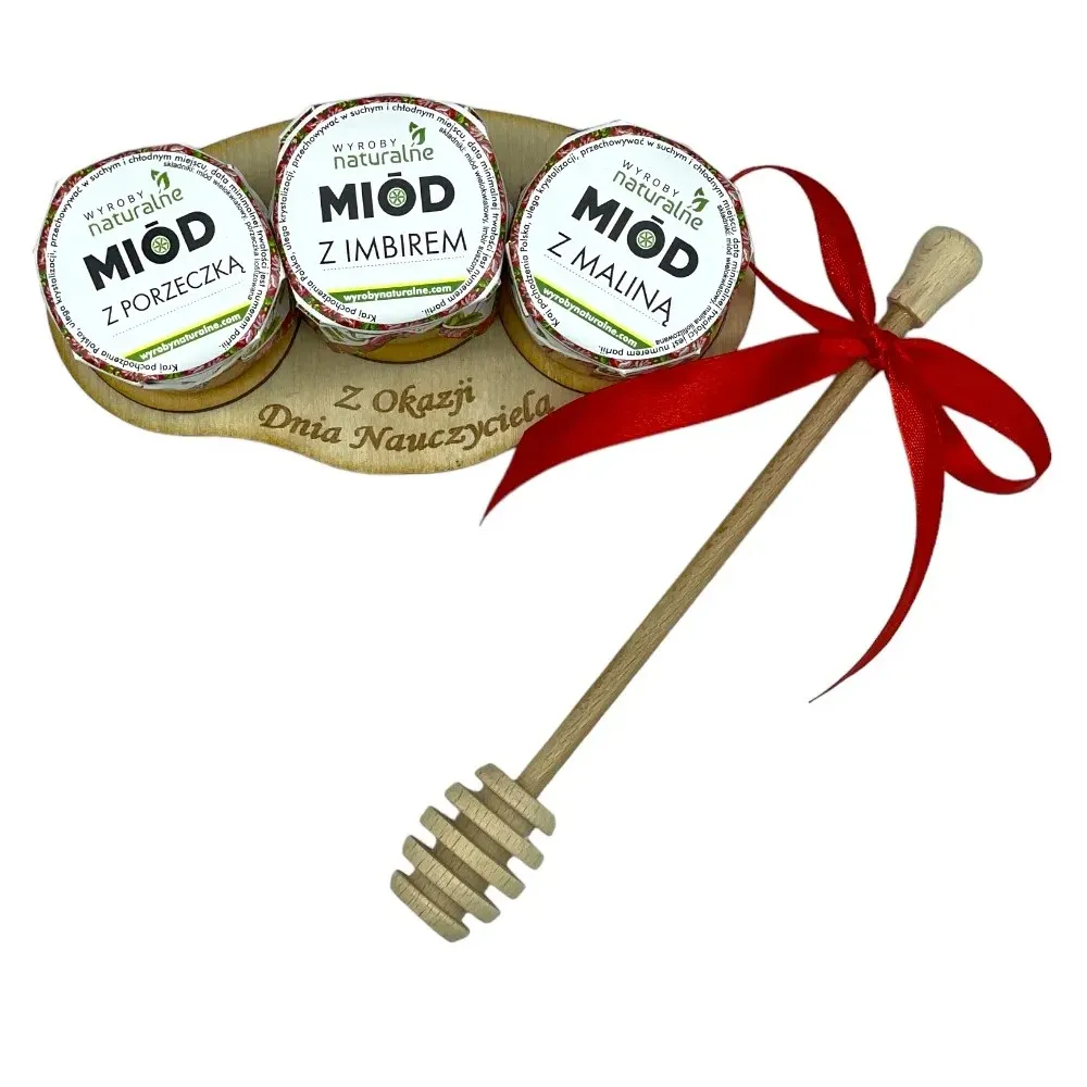 Dzień Nauczyciela Zestaw 3 miodków smakowych na podstawce z łyżką PREZENT. 73097