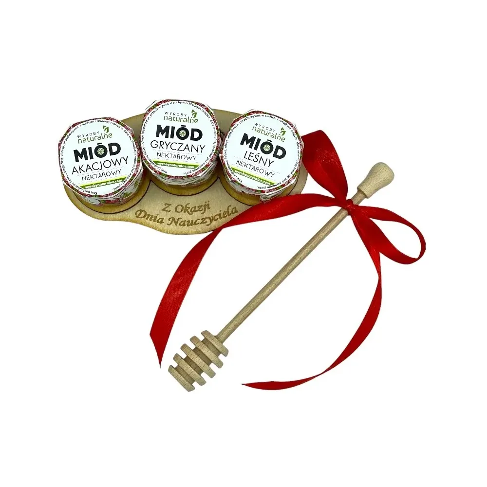 Dzień Nauczyciela Zestaw 3 miodków na podstawce z łyżką PREZENT. 72793