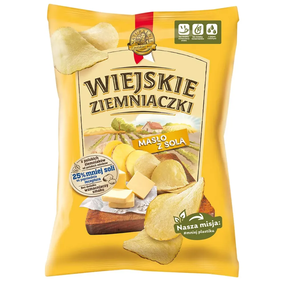 WIEJSKIE ZIEMNIACZKI CHIPSY MASŁO Z SOLĄ SOLONE MAŚLANE 130G LORENZ 8981