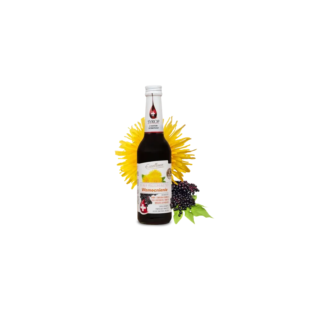 Syrop prozdrowotny WZMOCNIENIE. Syrop z owoców czarnego bzu i ekstraktu z kwiatu mniszka lekarskiego. 10020