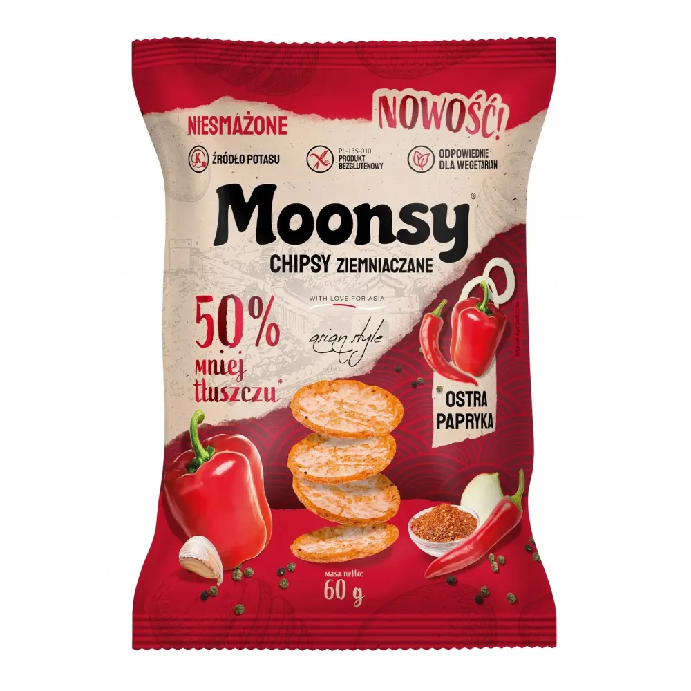 Moonsy Chipsy ziemniaczne o smaku ostrej papryki 60 g 50% mniej tłuszczu