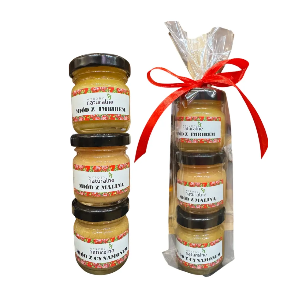 Zestaw 3 miodków smakowych w celofanie prezent 70287