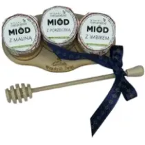 Zestaw 3 miodków smakowych na podstawce z łyżką PREZENT. 73097