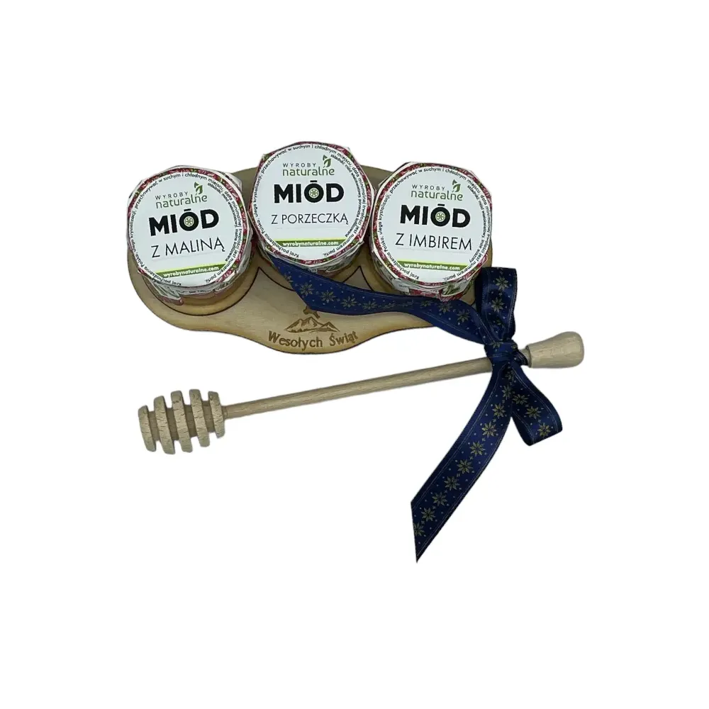 Zestaw 3 miodków smakowych na podstawce z łyżką PREZENT. 73097